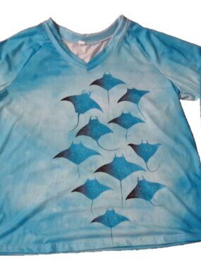 Women's Blue Stingray Print Long Sleeve Elastic Wrist V-Neck Pullover Blouse XL